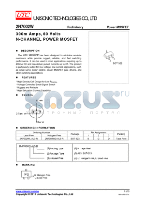 2N7002WG-AL3-R datasheet - 300m Amps, 60 Volts N-CHANNEL POWER MOSFET