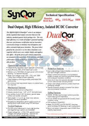 DQ65033QGL10NNS datasheet - Dual Output, High Efficiency, Isolated DC/DC Converter