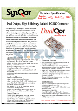 DQ65033QGL10NNT datasheet - Dual Output, High Efficiency, Isolated DC/DC Converter