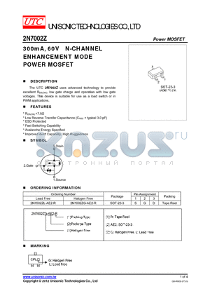 2N7002Z datasheet - 300mA, 60V N-CHANNEL ENHANCEMENT MODE POWER MOSFET