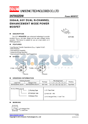 2N7002ZDW_12 datasheet - 300mA, 60V DUAL N-CHANNEL ENHANCEMENT MODE POWER MOSFET