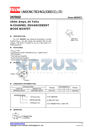 2N7002ZG-AE2-R datasheet - 300m Amps, 60 Volts N-CHANNEL ENHANCEMENT MODE MOSFET