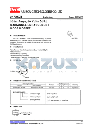 2N7002ZTL-AN3-R datasheet - 300m Amps, 60 Volts DUAL N-CHANNEL ENHANCEMENT MODE MOSFET