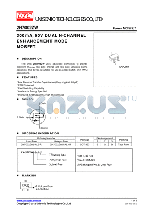 2N7002ZWG-AL3-R datasheet - 300mA, 60V DUAL N-CHANNEL ENHANCEMENT MODE MOSFET