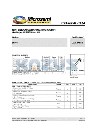 2N708 datasheet - NPN SILICON SWITCHING TRANSISTOR