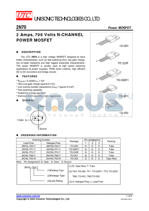 2N70G-TF1-T datasheet - 2 Amps, 700 Volts N-CHANNEL POWER MOSFET