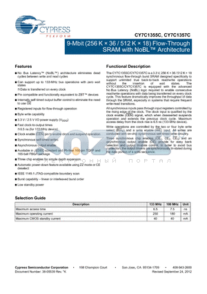 CY7C1357C-100BZC datasheet - 9-Mbit (256 K  36 / 512 K  18) Flow-Through SRAM with NoBL Architecture