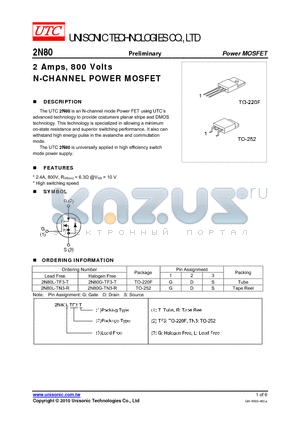 2N80G-TN3-R datasheet - 2 Amps, 800 Volts N-CHANNEL POWER MOSFET