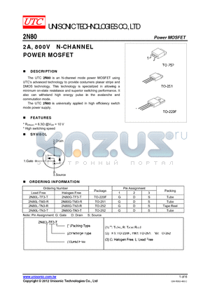 2N80G-TN3-T datasheet - 2A, 800V N-CHANNEL POWER MOSFET