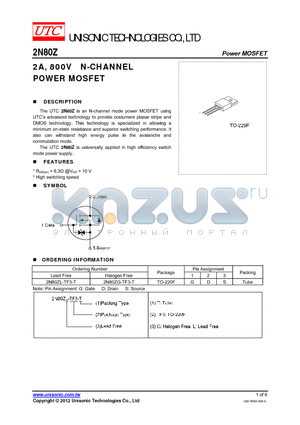 2N80Z datasheet - 2A, 800V N-CHANNEL POWER MOSFET