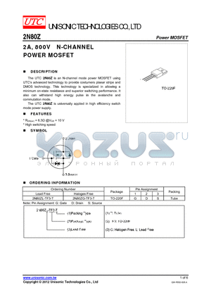 2N80ZG-TF3-T datasheet - 2A, 800V N-CHANNEL POWER MOSFET