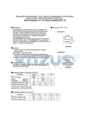 BD3881FV datasheet - Sound processor for radio cassette recorder and mini component stereo