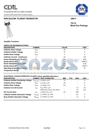 2N917 datasheet - NPN SILICON PLANAR TRANSISTOR