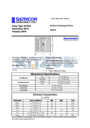 2N918 datasheet - Chip Type 2C918 Geometry 0013 Polarity NPN