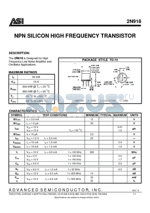 2N918 datasheet - NPN SILICON HIGH FREQUENCY TRANSISTOR