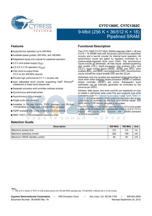 CY7C1360C_12 datasheet - 9-Mbit (256 K  36/512 K  18) Pipelined SRAM