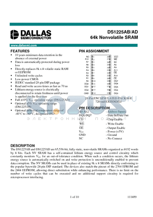 1225 datasheet - 64k Nonvolatile SRAM