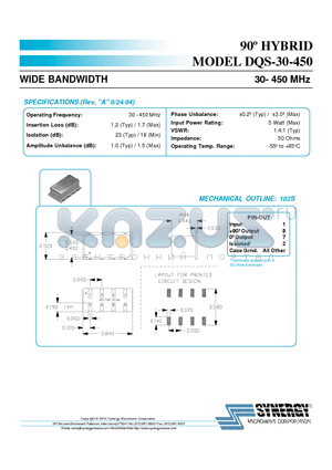 DQS-30-450 datasheet - 90 degree HYBRID - WIDE BANDWIDTH (30-450 MHz)