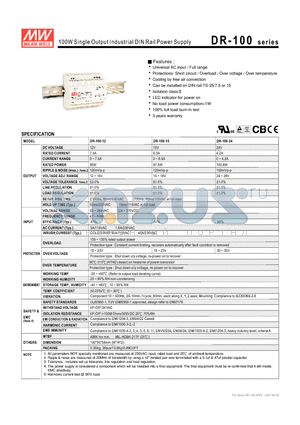 DR-100 datasheet - 100W Single Output Industrial DIN Rail Power Supply