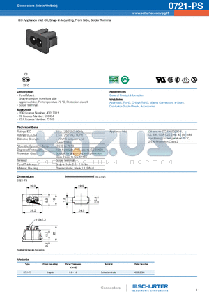 0721-PS datasheet - IEC Appliance Inlet C8, Snap-in Mounting, Front Side, Solder Terminal