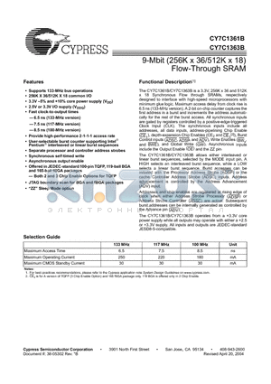 CY7C1361B-100AI datasheet - 9-Mbit (256K x 36/512K x 18) Flow-Through SRAM