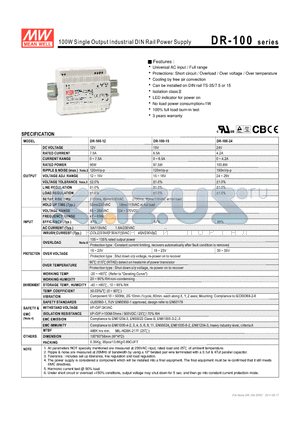 DR-100-12 datasheet - 100W Single Output Industrial DIN Rail Power Supply