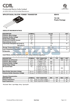 BD410 datasheet - NPN EPITAXIAL SILICON POWER TRANSISTOR