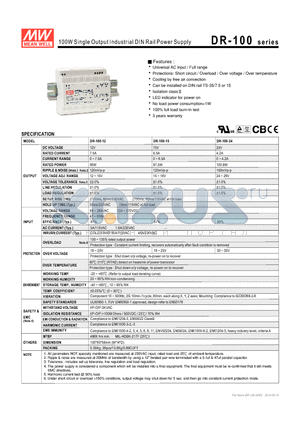 DR-100-24 datasheet - 100W Single Output Industrial DIN Rail Power Supply