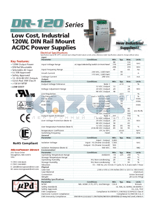 DR-120 datasheet - Low Cost, Industrial 120W, DIN Rail Mount AC/DC Power Supplies