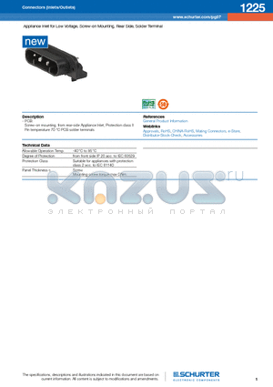 1225 datasheet - Appliance Inlet for Low Voltage, Screw-on Mounting, Rear Side, Solder Terminal