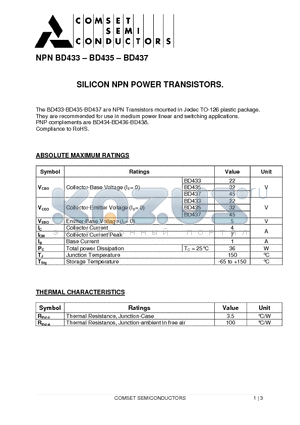 BD433 datasheet - SILICON NPN POWER TRANSISTORS