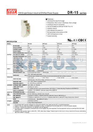 DR-15-24 datasheet - 15W Single Output Industrial DIN Rail Power Supply