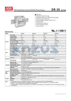 DR-30 datasheet - 30W Single Output Industrial DIN Rail Power Supply