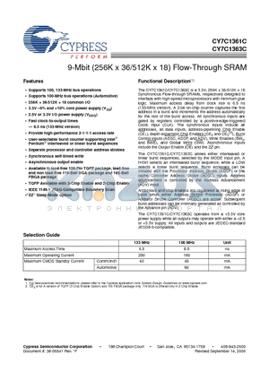 CY7C1361C-133BGI datasheet - 9-Mbit (256K x 36/512K x 18) Flow-Through SRAM