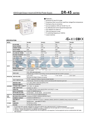 DR-45 datasheet - 45W Single Output Industrial DIN Rail Power Supply