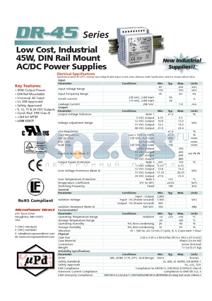 DR-45 datasheet - Low Cost, Industrial 45W, DIN Rail Mount AC/DC Power Supplies