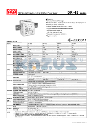 DR-45 datasheet - 45W Single Output Industrial DIN Rail Power Supply