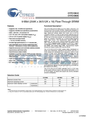 CY7C1361C-133BZI datasheet - 9-Mbit (256K x 36/512K x 18) Flow-Through SRAM