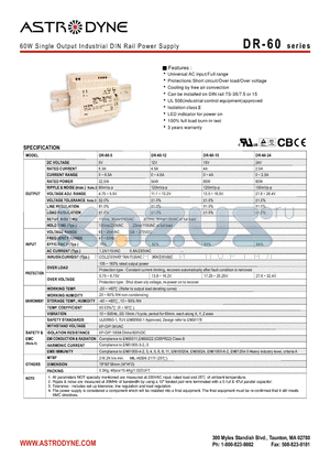 DR-60 datasheet - 60W Single Output Industrial DIN Rail Power Supply