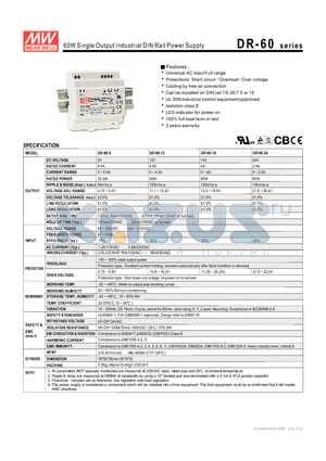DR-60-12 datasheet - 60W Single Output Industrial DIN Rail Power Supply