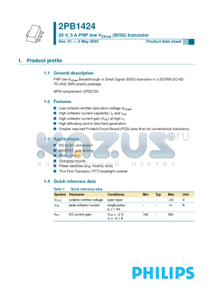 2PB1424 datasheet - 20 V, 3 A PNP low VCEsat transistor