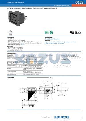 0723 datasheet - IEC Appliance Outlet J, Screw-on Mounting, Front Side, Solder or Quick-connect Terminal