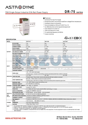 DR-75 datasheet - 75W Single Output Industrial DIN Rail Power Supply