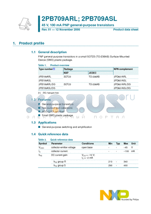 2PB709ASL datasheet - 45 V, 100 mA PNP general-purpose transistors