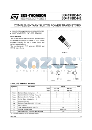 BD439 datasheet - COMPLEMENTARY SILICON POWER TRANSISTORS