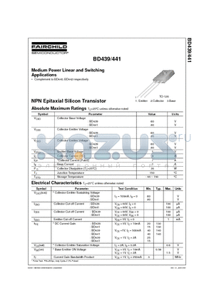 BD439 datasheet - Medium Power Linear and Switching Applications