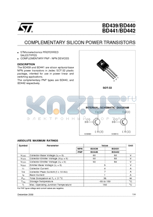 BD439 datasheet - COMPLEMENTARY SILICON POWER TRANSISTORS