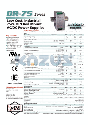 DR-75-12 datasheet - Low Cost, Industrial 75W, DIN Rail Mount AC/DC Power Supplies