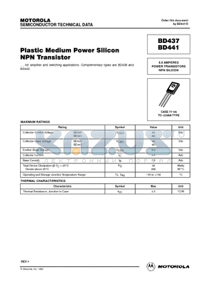 BD441 datasheet - Plastic Medium Power Silicon NPN Transistor