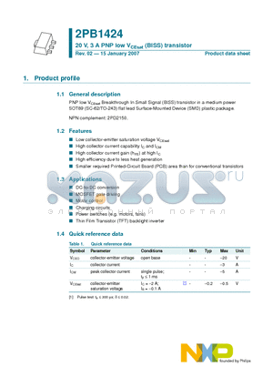 2PB1424 datasheet - 20 V, 3 A PNP low VCEsat (BISS) transistor